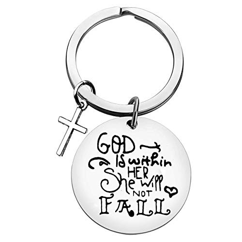 Christian Keychain for Men Bible Verse keychain Pendant Prayer Charm Jewelry God is Within Her She Will Not Fall Scripture Quote Keychains Inspirational Gifts Faith Religious Jewelry for Women Girls