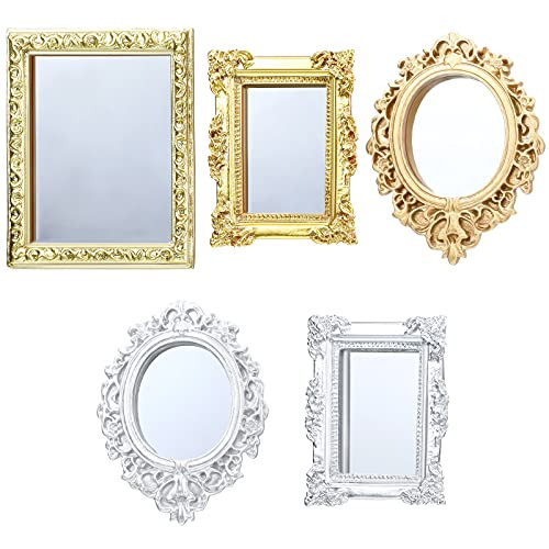 5 Pieces Miniature Dollhouse Mirror European Frame Mirror Dollhouse Victorian Baroque Wall Mirror Miniature Bedroom Mini Furniture Accessory for 1/12 Dollhouse Decor, Gold and Silver