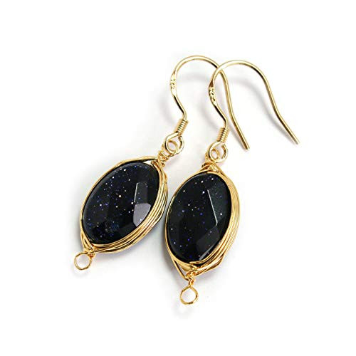Scutum Craft Natural Stone Dangle Drop Earrings with Gold Plated Wire Wrap and 925 Sterling Silver Hook Jewelry for Women -Blue Goldstone Oval Cut 13mm-
