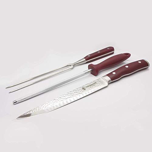 HISTORY - Forged in Fire - 8 Inch Carving Knife, Fork, and Sharpener  3-Piece Set with Hammered Steel