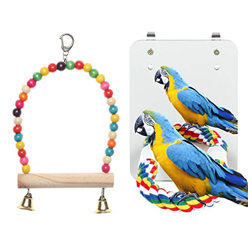 APHISM Bird Mirror with Rope Perch, Cockatiel Hanging Swing Toys, Parrot Cage Toys for Parakeet Cockatoo Cockatiel Conure Lovebirds Finch Canaries