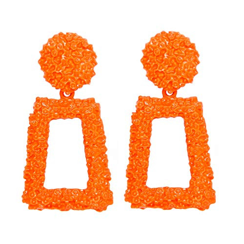 WPY Neon Orange Raised Design Geometric Rectangle Drop Dangle Statement Fashion Earrings