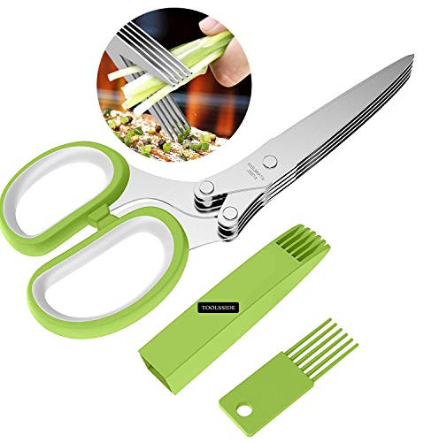 TOOLSSIDE Herb Scissors with 5 Blades and Cover - Multipurpose Kitchen Five Blade Herb Scissors- Stainless Steel 5 Blade Herb Scissors, Green and White