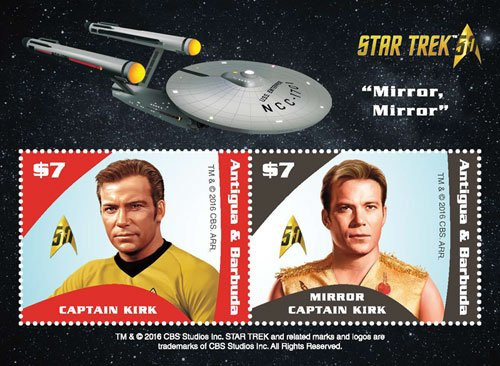Antigua Star Trek - Captain Kirk, Mirror Mirror Collectible Postage Stamps, Souvenir Sheet Antigua Star Trek - Captain Kirk, Mirror Mirror Collectible Postage Stamps, Souvenir Sheet