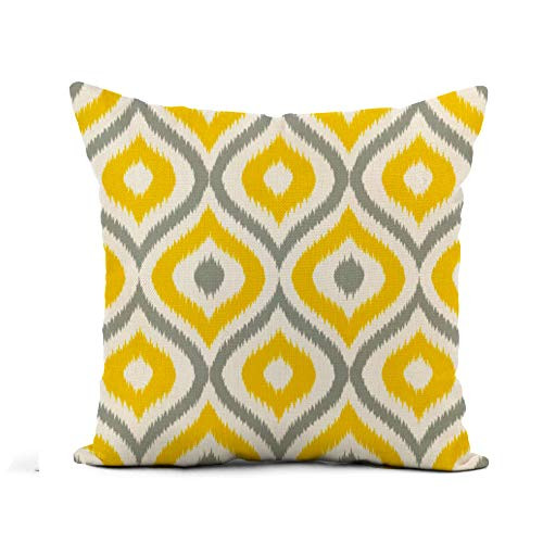 Awowee Flax Throw Pillow Cover Yellow Damask Ikat Ogee Pattern Gray Grey Accessory White 16x16 Inches Pillowcase Home Decor Square Cotton Linen Pillow Case Cushion Cover