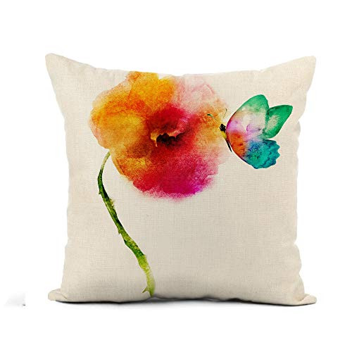 Awowee Flax Throw Pillow Cover Orange Abstract Beautiful Watercolor Flower Butterfly Pink Bloom Blossom 16x16 Inches Pillowcase Home Decor Square Cotton Linen Pillow Case Cushion Cover