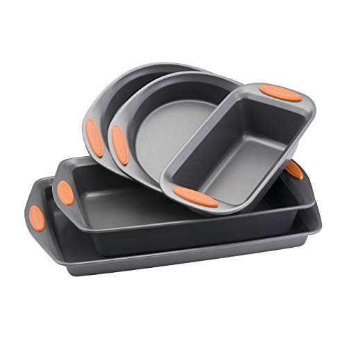 Rachael Ray Yum-o! Nonstick Bakeware 5-Piece Oven Lovin' Bakeware Set, Gray with Orange Handles (Renewed)