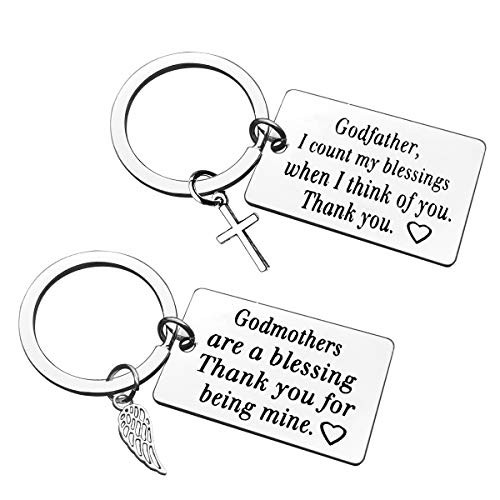 Baixian Godmother Godfather Keychain Godparent Gift from Godchild for Baptism First Communion Gift Christening Gift for Godmother Godfather Jewelry for Christmas Thanksging Gift from Goddaughter Godson, Silver, Small