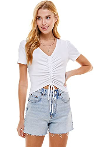 St.rabbit Women's Casual Crop Top - Short Sleeve V Neck Ruched Drawstring Tie Knot Front Cropped Summer Tee T Shirt CT0900 White M