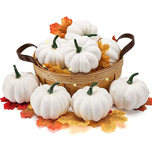 DomeStar Artificial Pumpkins Set, 12PCS White Fake Pumpkins with 30PCS Maple Leaves 1PC String Lights Fall Harvest Mini Pumpkins Faux White Pumpkins for Halloween Thanksgiving Decorations DomeStar Artificial Pumpkins Set, 12PCS White Fake Pumpkins with 30PCS Maple Leaves 1PC String Lights Fall Harvest Mini Pumpkins Faux White Pumpkins for Halloween Thanksgiving Decorations