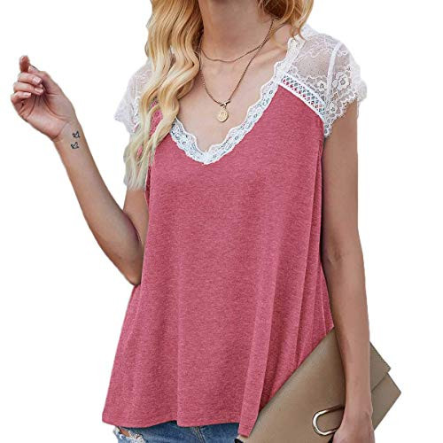 Beumissy Women's Lace Trim Tank Tops V Neck Summer Tunic Casual Blouses Sleeveless Shirts-Pink,L- Beumissy Women's Lace Trim Tank Tops V Neck Summer Tunic Casual Blouses Sleeveless Shirts-Pink,L-