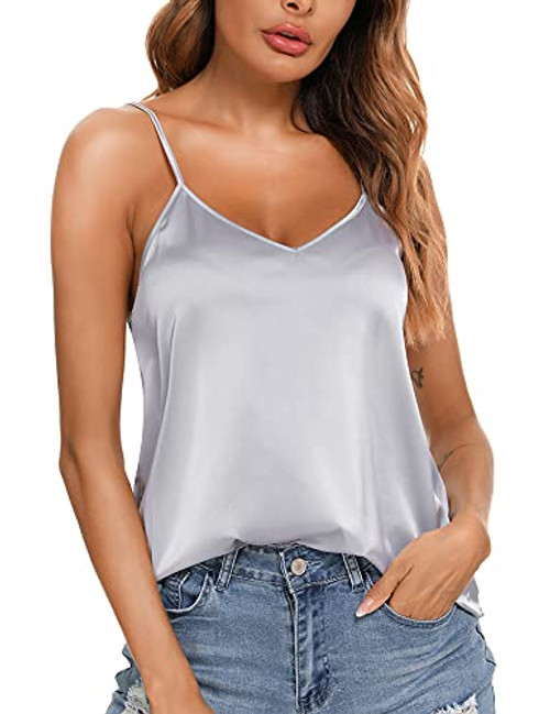 VIDUSSA Cami Top for Women V Neck Satin Camisole Silk Loose Sleeveless Blouse Soft Tank Tops Shirt Grey XXL