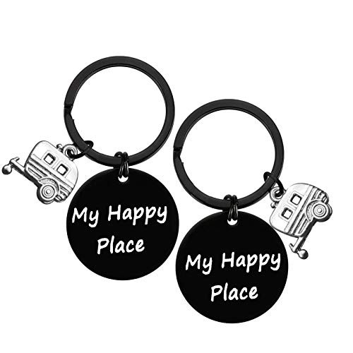 Happy Camper RV Keychain Camping Jewelry Keychain Trailer Jewelry Trailer Keychain Keyring Gift for Camper Lover Vacation Gift Jewelry Birthday Retirement Gift Keychain Keyring