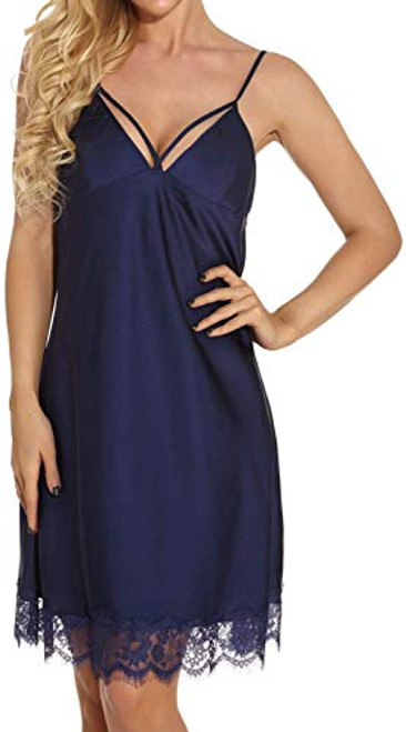 Lace Sleepwear Women Lingerie Satin Nightgown Sexy V-Neck Silk Chemise Full Slips Babydoll Nightdress -Navy, XXL- Lace Sleepwear Women Lingerie Satin Nightgown Sexy V-Neck Silk Chemise Full Slips Babydoll Nightdress -Navy, XXL-