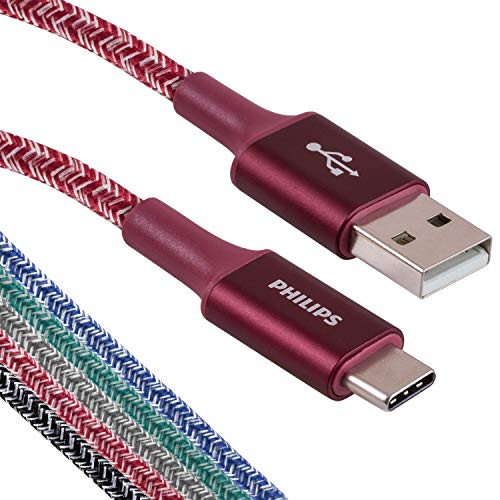 Philips 6 Ft. 2 Pack USB Type C Cable, USB-A to USB-C Red Braided Fast Charging Cable, Compatible with iPad Pro, MacBook Pro, Samsung Galaxy S21/S10/S9/Plus, Google Pixel 5/C/3/2/XL, DLC5226RA/37