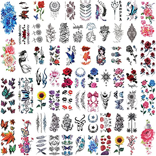 67 Sheets Temporary Tattoos Stickers Waterproof Temporary Tattoo Fake Tattoo Body Shoulder Art Sticker, Flowers Butterfly Totem and Multi-Colored Mixed Style Temporary Tattoos for Women Men, Girls