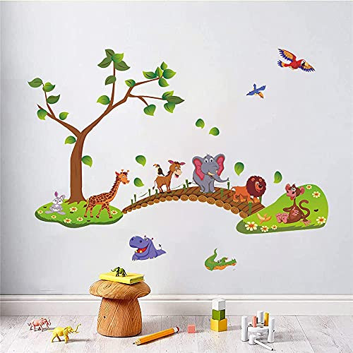 Supzone Cartoon Animal Wall Stickers Jungle Animals Tree Wall Decal Cute Animal Monkey Giraffe Elephant on Bridge Wall Decals for Kids Children Baby Nursery Playroom Bedroom Wall Decor