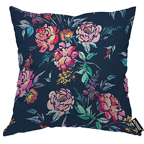 AOYEGO Floral 18x18 Inch Pillow Case Red Watercolor Pink Roses Flowers Twigs Buds Green Leaves Pillow Cases Decorative Square Cushion Canvas Cotton Linen for Couch Chair Bedroom