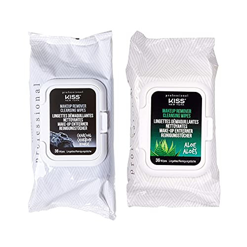 Kiss New York Professional Makeup Remover Cleansing Wipes 2 PACK -Charcoal  and  Aloe-