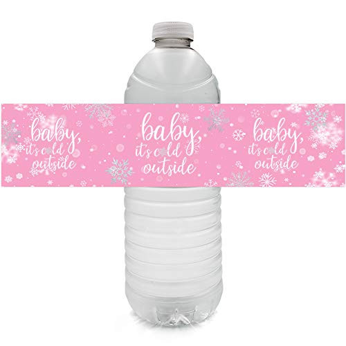 Little Snowflake Winter Baby Shower Water Bottle Labels - Baby It's Cold Outside - 24 Stickers -Pink-