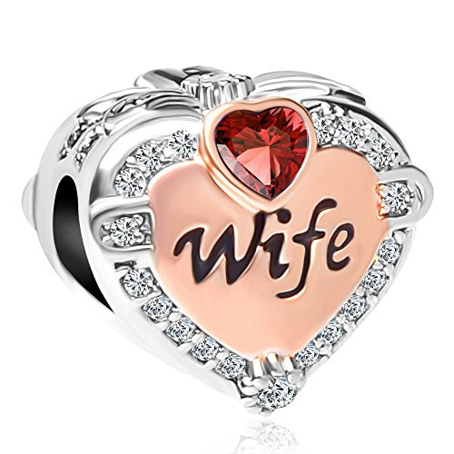 ReisJewelry Rose Gold Plated Heart Love Wife Charm Bithstone Charms Beads for Bracelets -Red-