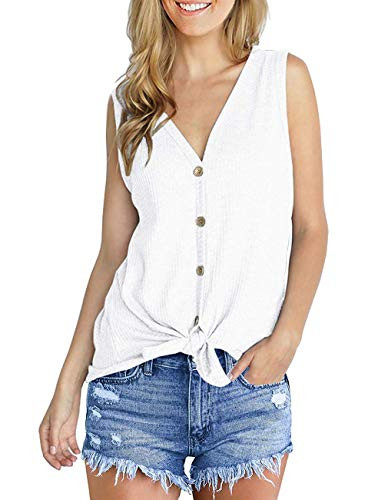 SEHOO Women's V Neck Tank Tops Sleeveless Henley Shirts Button Down Tie Knot Summer Blouses -White,S-
