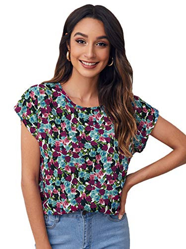 MakeMeChic Women's Allover Print Round Neck Batwing Sleeve Blouse Top Multi Floral A M