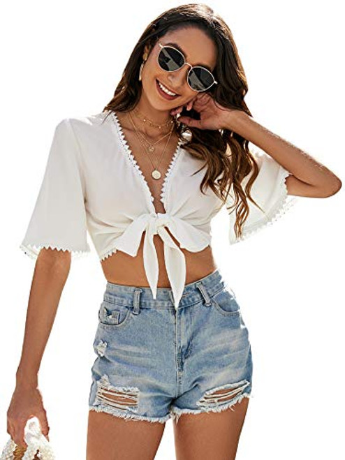 SOLY HUX Women's Short Sleeve V Neck Tie Front Lace Trim Crop Top Blouse White L