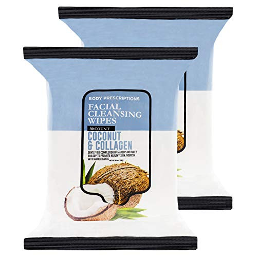 Body Prescriptions 2 Pack -30 Count Each- Coconut and Collagen Facial Cleansing and Gentle Make Up Remover Wipes