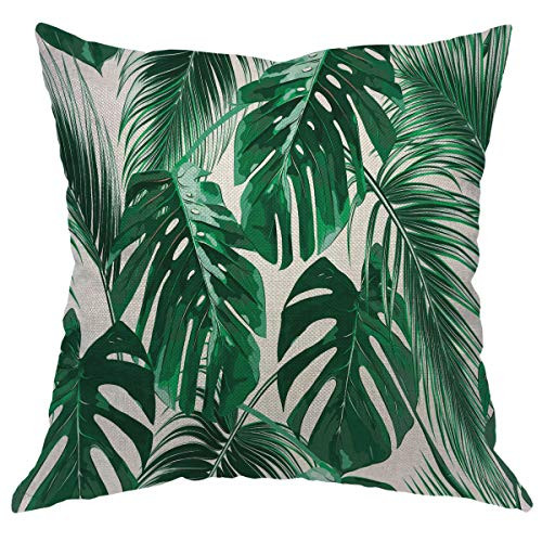 Beabes Throw Pillow Cover Tropical Green Leaves Summer Palm Coconut Leaf Hawaii California Tree Jungle Square Pillow Case Cushion Cover for Home Car Decorative Cotton Linen 18x18 Inch