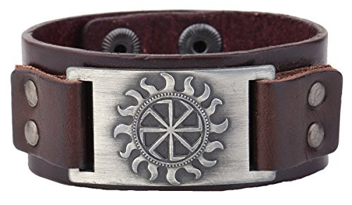 Dawapara Vintage Amulet Nordic Solar Symbol Slavic Wheel Metal Crafts Connector Cuff Bracelet for Men Women -Brown Wristband Antique Silver- Dawapara Vintage Amulet Nordic Solar Symbol Slavic Wheel Metal Crafts Connector Cuff Bracelet for Men Women -Brown Wristband Antique Silver-