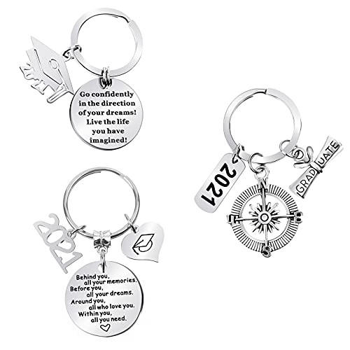 Inspirational Keychain Gifts - 3 Pieces Stainless Steel Graduation Keychain Compass Grad Keychain with Scroll for Class of 2021 Keyring Graduation Birthday Gift