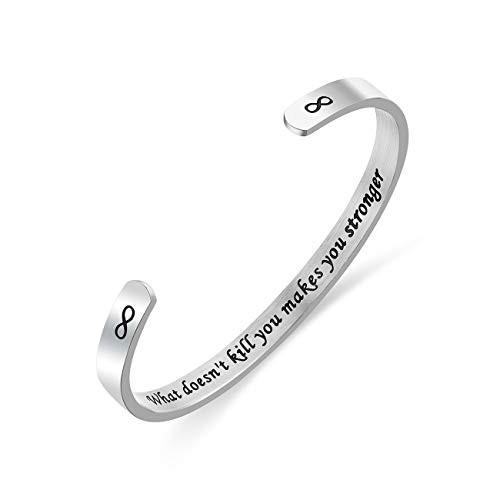 DianaSu Inspirational Bracelets as Gifts for Daughters Sisters Girls Teenagers Women Mom Wife Girlfriends - Stainless Steel Engraved Birthday Encouragement Mantra Cuff Bangle -What doesn't kill you makes you stronger-