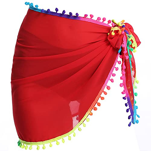 Sarong Coverups for Women Beach Bathing Suit Wrap Skirt Sheer Swimsuit Cover Up -Red-