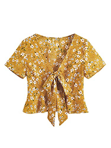 Romwe Women's Allover Print Short Sleeve Tie Knot Front Ruffle Peplum Crop Tops Blouse Yellow Floral M