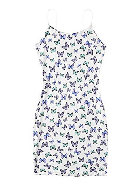 Romwe Women's Strawberry Print Spaghetti Strap Lettuce Trim Short Cami Bodycon Dress Butterfly White L