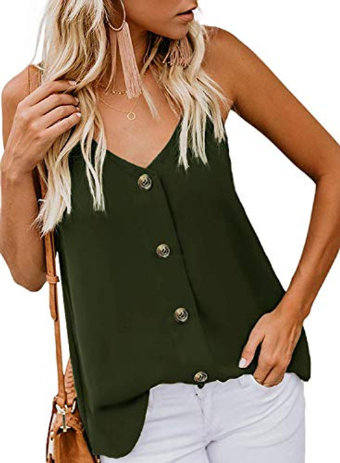 MISSLOOK Women's Button Down Tank Tops V Neck Strappy Camis Loose Casual Sleeveless Shirts Blouses - Army Green XL
