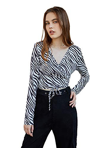 WDIRARA Women's Zebra Print V Neck Wrap Tie Front Tee Long Sleeve Crop Top Black and White S