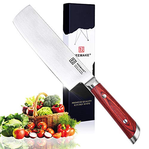 Nakiri Knife, KEEMAKE 7 inch Chef Knife Vegetable Kitchen Knife - Dicing Mincing Chopping Knife - Butcher Cleaver Knife - High Carbon Stainless Steel with Pakkawood Handle