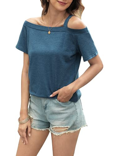HOCOSIT Women's Summer Cold Shoulder T-Shirt Casual Short Sleeve Basic Tunic Blouse Cute Tops Shirts Blue