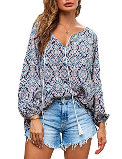 LUCKLISA Women's Long Sleeve Casual Boho Floral Print V Neck Shirts Tops Loose Blouses-Floral01,M-