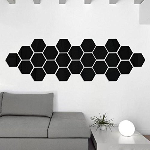 Bokeley 3D Wall Sticker, 12Pcs 3D Mirror Hexagon Honeycomb Vinyl Removable Wall Sticker Decal Home Decor Art DIY -Black-