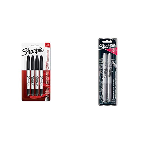 Sharpie Twin Tip Permanent Markers, Fine  and  Ultra-Fine Points, Black, 4 Pack -32175PP-  and  39108PP Fine Point Metallic Silver Permanent Marker, 1 Blister Pack with 2 Markers each -Packaging May vary-