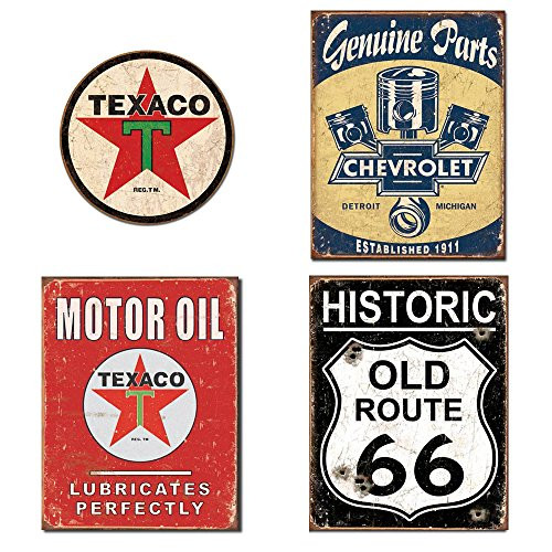 DE Sign Metal Signs for Garage Bundle - Texaco Logo Round, Chevrolet Genuine Parts, Texaco Motor Oil, Historic Old Route 66
