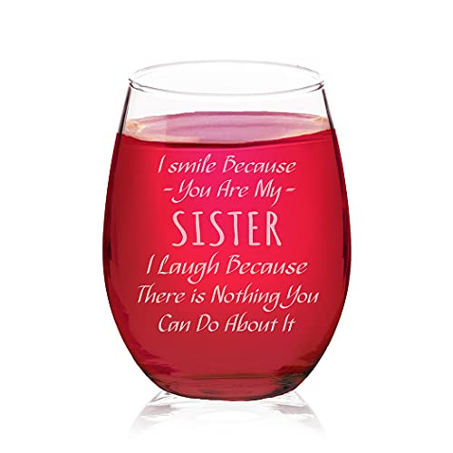 Veracco I Smile Because You Are My Sister I Laugh Because There is Nothing You Can Do About It - Stemless Wine Glass - Funny Birthday Gifts For Her -Clear, Glass- Veracco I Smile Because You Are My Sister I Laugh Because There is Nothing You Can Do About It - Stemless Wine Glass - Funny Birthday Gifts For Her -Clear, Glass-