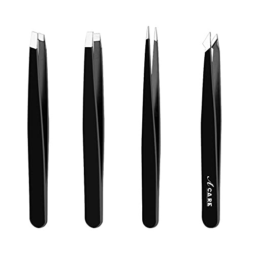 Acare 4-Piece Tweezers Set - Professional Stainless Steel Tweezers, Best Precision Tweezers for Eyebrows - Great Precision for Facial Hair, Ingrown Hair, Splinter, Blackhead Remover -Black- Acare 4-Piece Tweezers Set - Professional Stainless Steel Tweezers, Best Precision Tweezers for Eyebrows - Great Precision for Facial Hair, Ingrown Hair, Splinter, Blackhead Remover -Black-