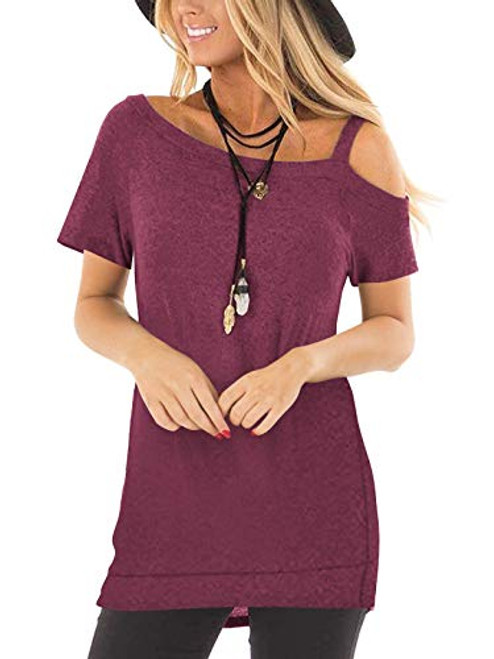 TEMOFON Womens T Shirts Summer Cold Shoulder Tunic Short Sleeve Casual Top Wine Red L TEMOFON Womens T Shirts Summer Cold Shoulder Tunic Short Sleeve Casual Top Wine Red L