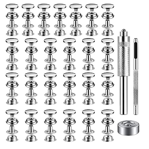 100PCS Snap Fastener Kit Tool, Marine Grade Stainless Steel, Press Studs Snap Fasteners Clothing Snaps Button with Material Hole Punch and Setting Tools for Bag, Jeans, Clothes, Fabric, Leather Craft