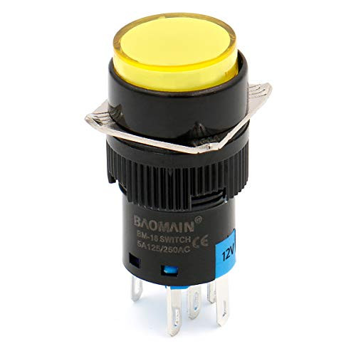 Baomain 16mm Push Button Switch Momentary Round Cap LED Lamp Yellow Light DC 12V SPDT 5 Pin 5 Pack