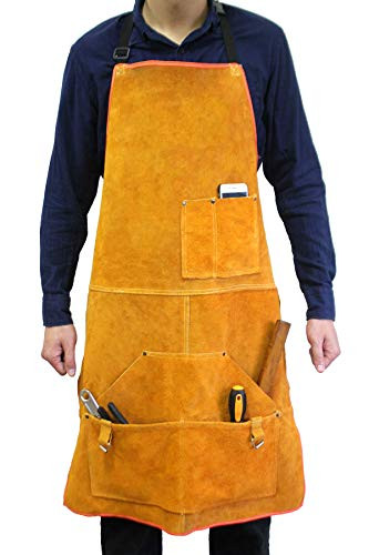 Leather Welding Apron Flame-Resistant Heat Resistant Work Apron Fire Resistant Welding/Welder Smock, 24 x 36 Inch, 6 Pockets